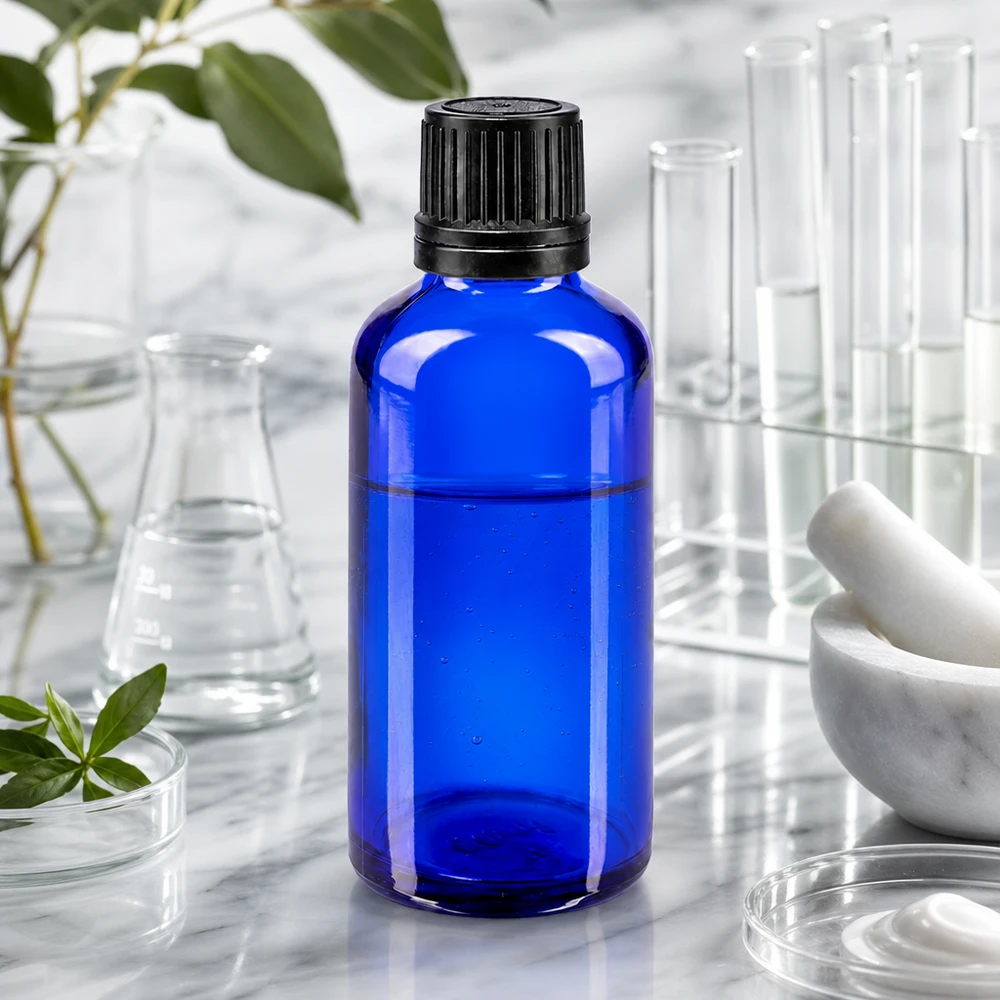 Niebieska butelka z zakraplaczem o pojemności 50 ml z precyzyjną końcówką o średnicy 1 mm w otoczeniu laboratoryjnym z probówkami