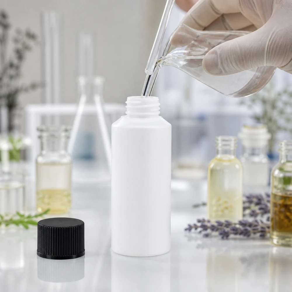 Biała butelka z HDPE o pojemności 30 ml z czarnym zamknięciem zabezpieczającym, przeznaczona dla branży farmaceutycznej i kosmetycznej