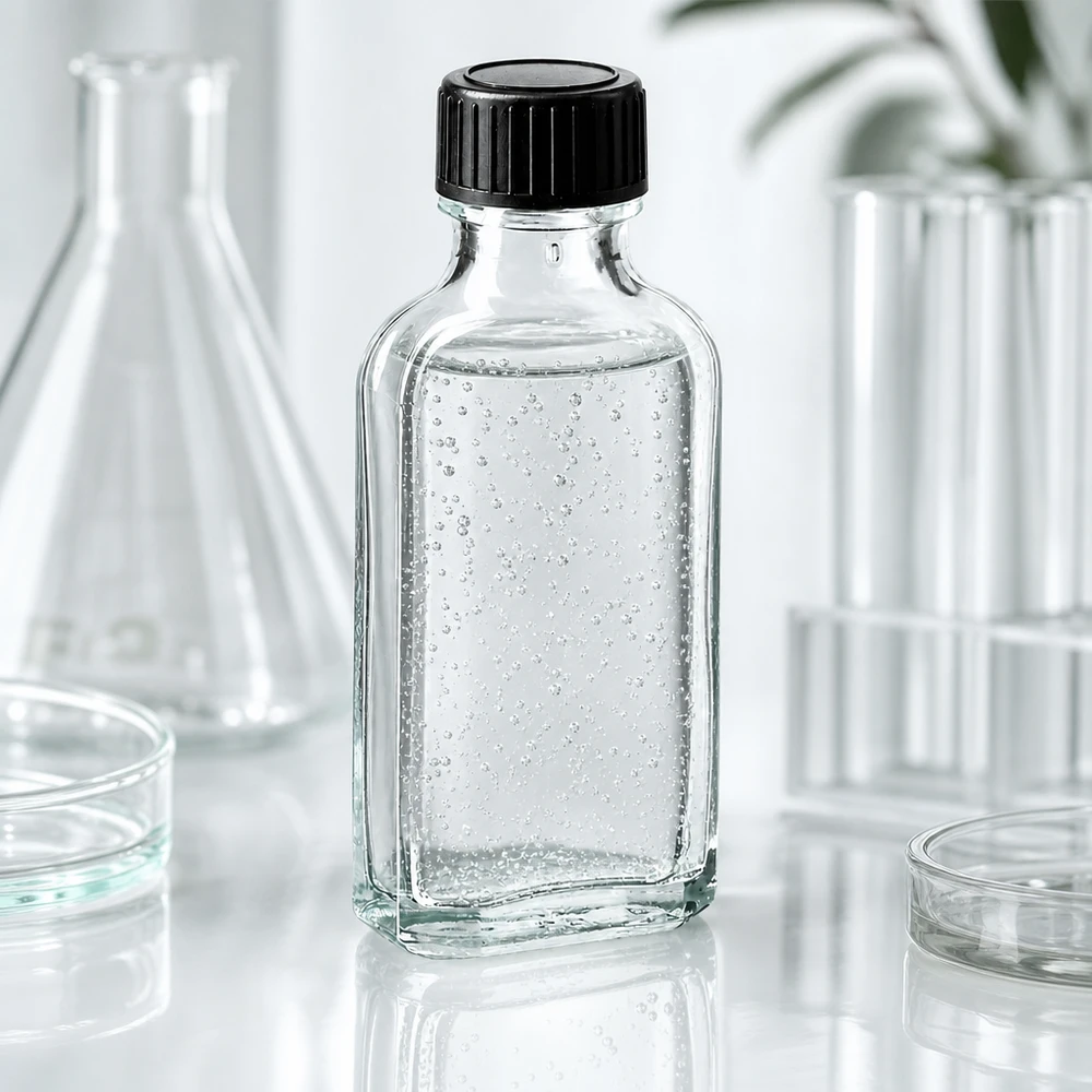 50 ml Przezroczysta zakrętka Meplat z dyskiem uszczelniającym z EPE Przezroczysta szklana butelka Meplat o pojemności 50 ml z pęcherzykami powietrza, przeznaczona do zastosowań laboratoryjnych, z czarną zakrętką
