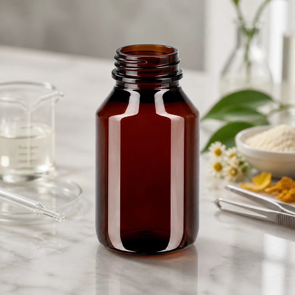 Butelka PET chroniąca przed światłem o pojemności 50 ml z czerwonym zamknięciem zabezpieczającym przed manipulacją, przeznaczona do substancji wrażliwych na światło