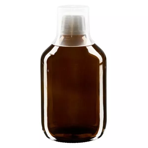 Butelka na lek 300ml brązowa, zakrętka OV z kubkiem dozującym 30ml ApoGlas. Farmaceutyczna jakość produkcji UE. Gwint 28 mm (PP28). (syrop, butelka z lekkiego szkła) Butelka na lek 300ml brązowa, zakrętka OV z kubkiem dozującym 30ml ApoGlas. Farmaceutyczna jakość produkcji UE. Gwint 28 mm (PP28). (syrop, butelka z lekkiego szkła)