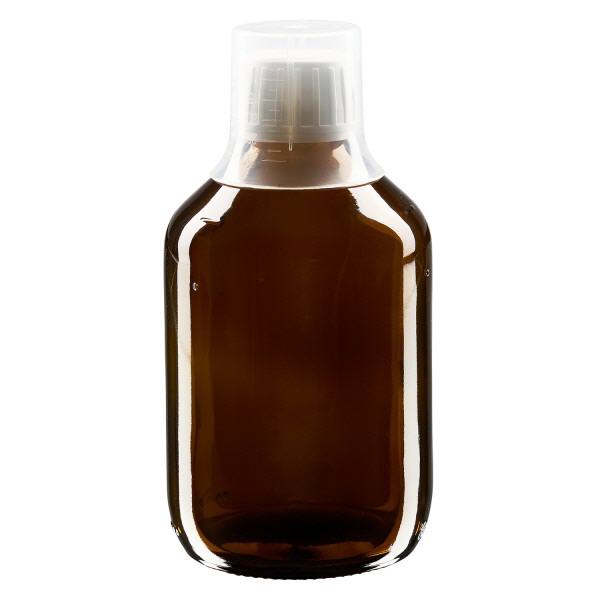 Butelka na lek 300ml br&#261;zowa, zakr&#281;tka OV z kubkiem dozuj&#261;cym 30ml ApoGlas. Farmaceutyczna jako&#347;&#263; produkcji UE. Gwint 28 mm (PP28). (syrop, butelka z lekkiego szk&#322;a)