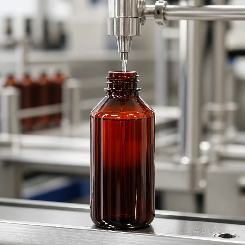 Automatyczne napełnianie brązowej butelki PET o pojemności 750 ml z białym opakowaniem zewnętrznym w zakładzie produkcji farmaceutycznej