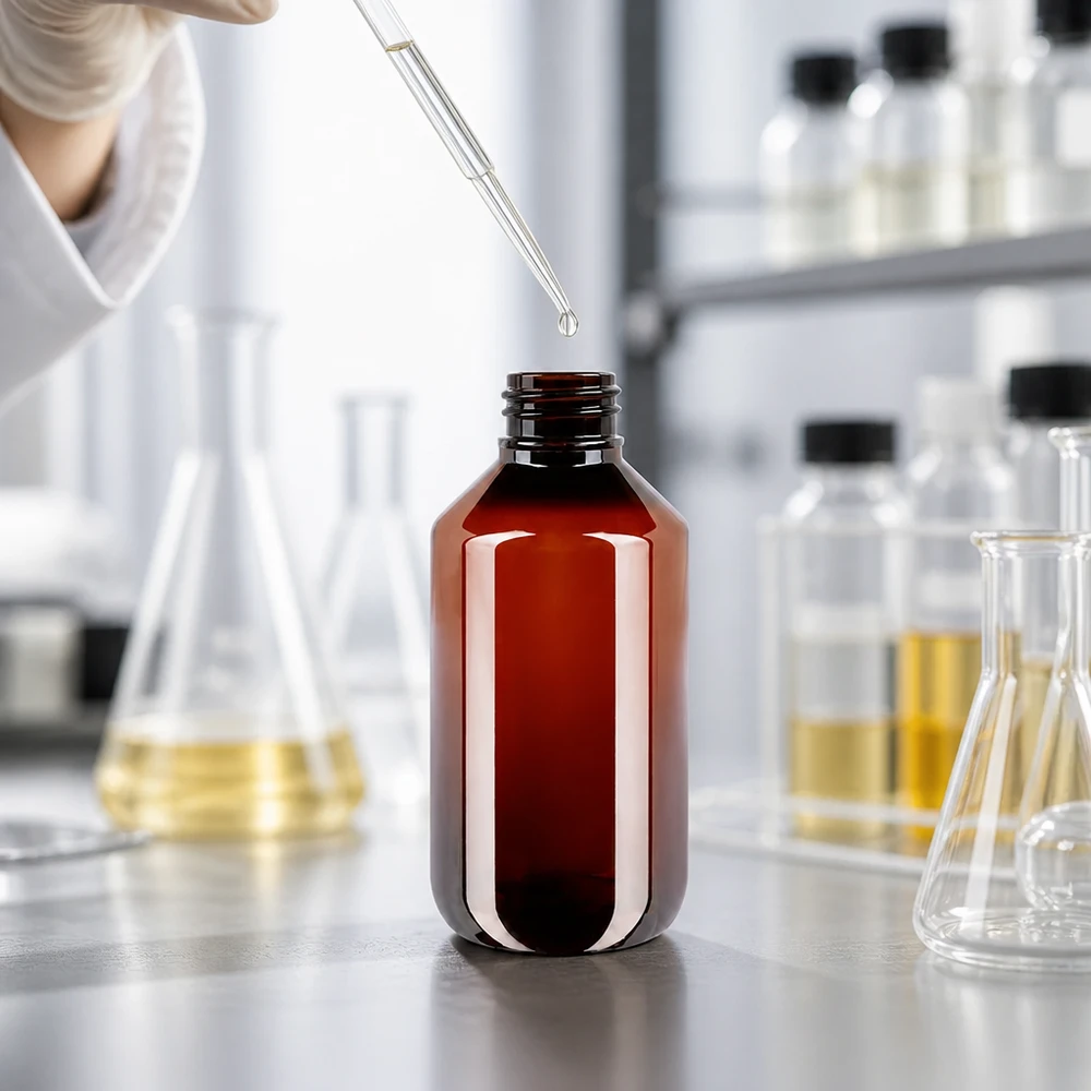Butelka PET 200 ml z białym standardem OV Bursztynowa butelka plastikowa o pojemności 200 ml bez nakrętki na stole laboratoryjnym wraz z kolbą Erlenmeyera