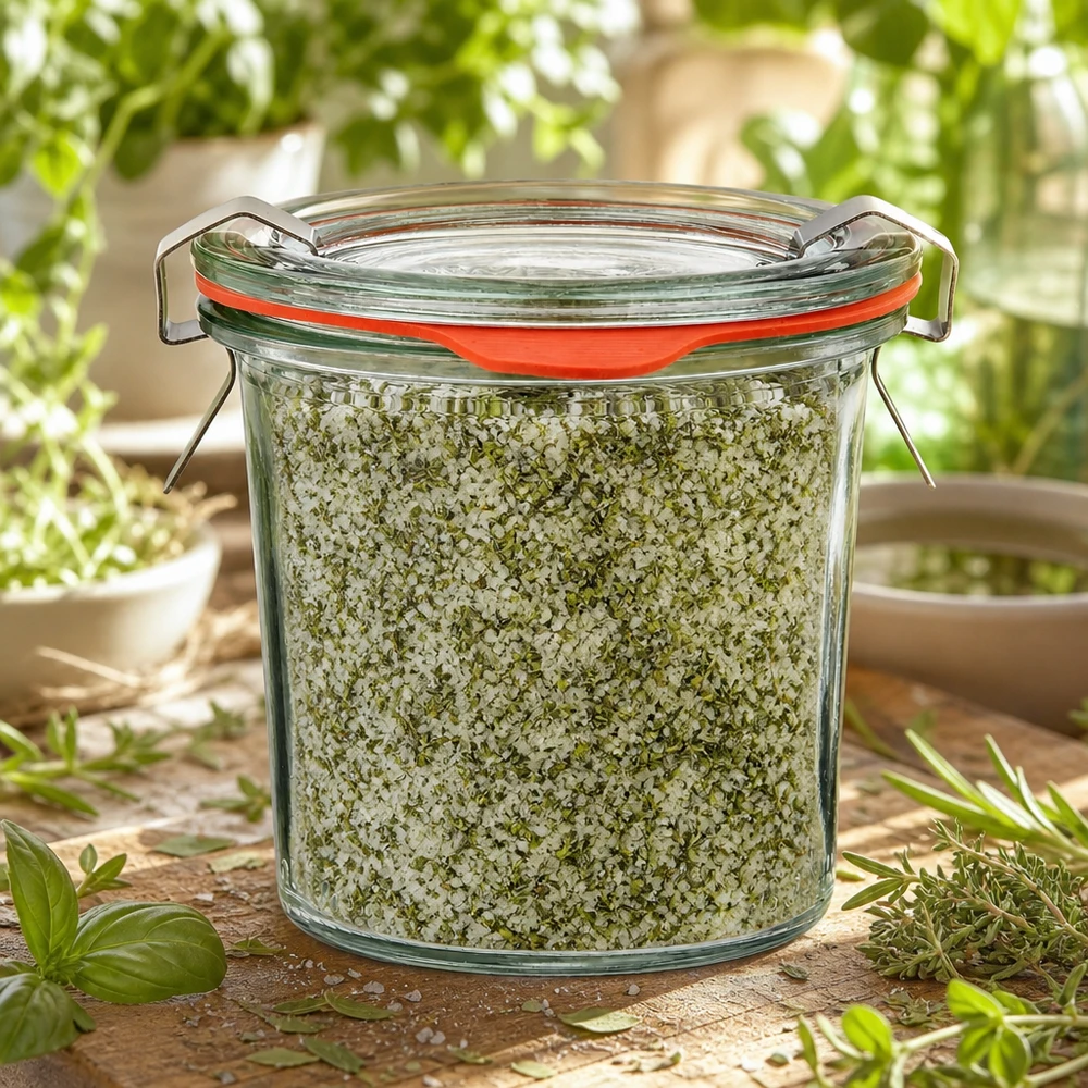Słoiczek WECK Mini o pojemności 140 ml, wypełniony solą ziołową, otoczony świeżą bazylią i tymiankiem
