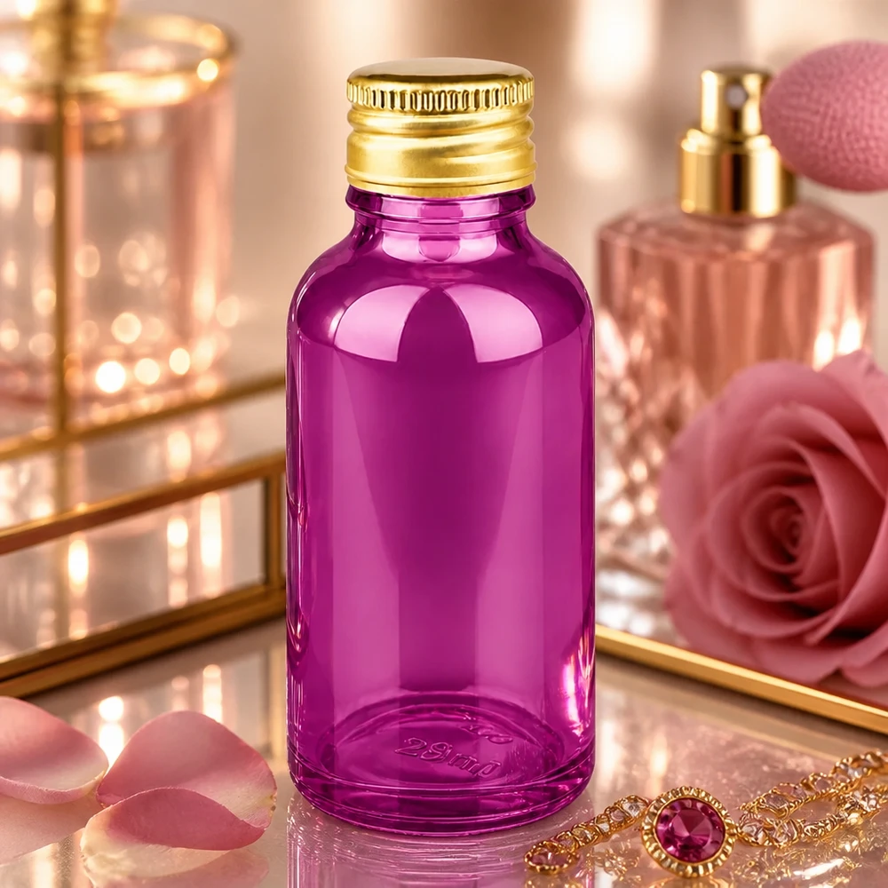 Luksusowa szklana butelka o pojemności 30 ml w kolorze fioletowym z błyszczącą powierzchnią i eleganckim złotym aluminiowym korkiem STD