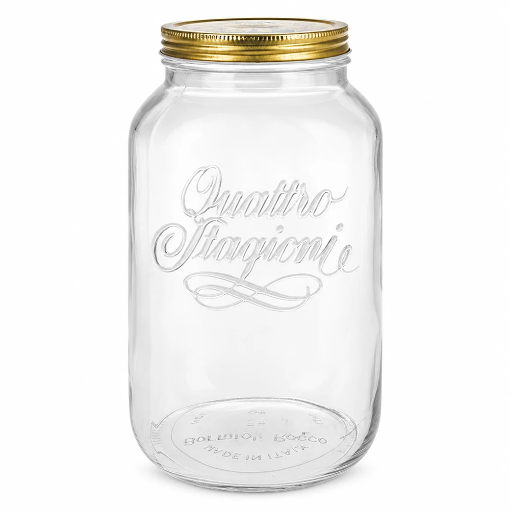 Słoik okrągły 3800 ml „Quattro Stagioni” z pokrywką Quattro Stagioni okrągły słoik 3800ml ze złotą zakrętką słoik na przetwory włoski design pusty