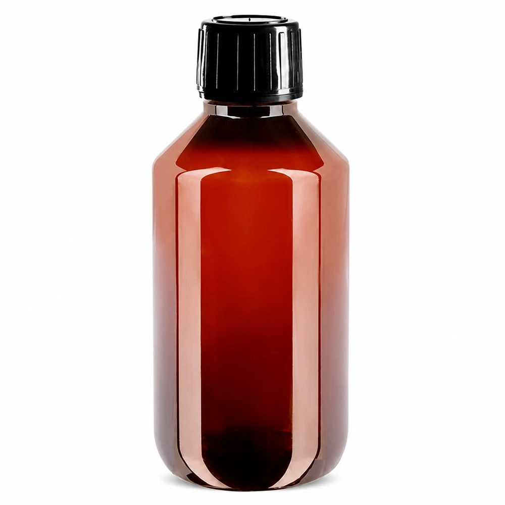 Butelka PET 200 ml z czarną nakrętką OV 200ml Laborflaschen aus braunem PET mit UV-Schutz und schwarzem Spritzverschluss OV
