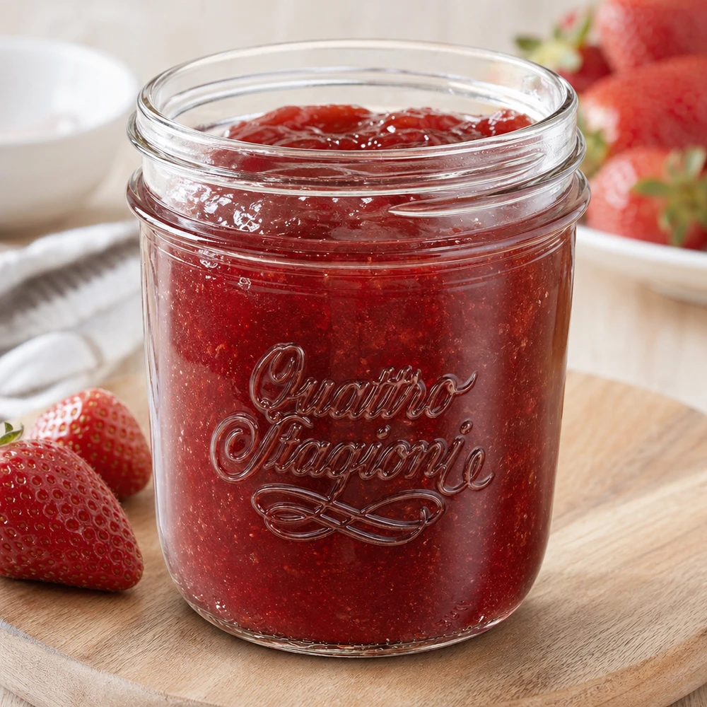 Kubki "Quattro Stagioni" o pojemności 320 ml QS86 mm Quattro Stagioni Sturzglas 320ml mit Erdbeermarmelade gefüllt auf Holzbrett mit frischen Erdbeeren
