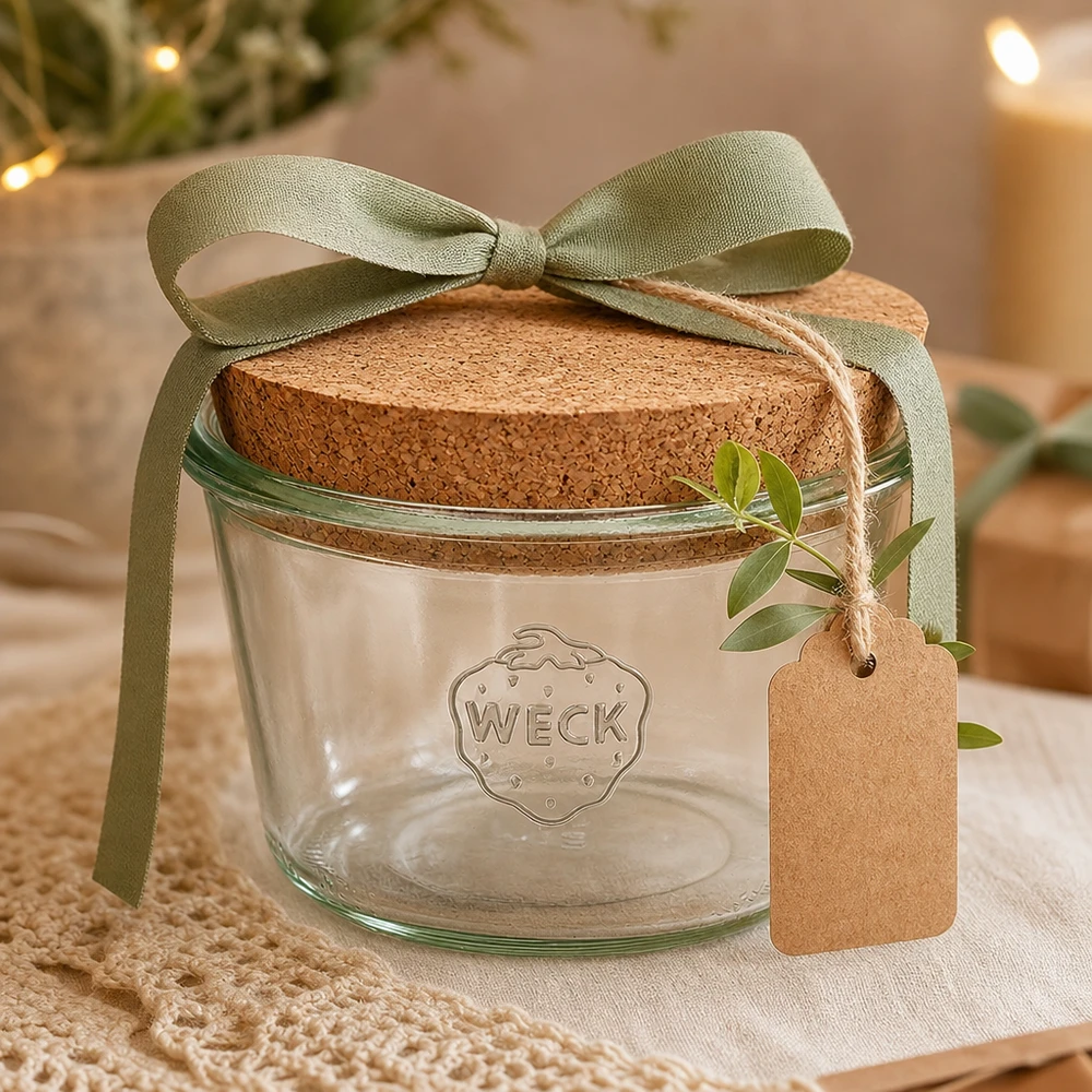 Kubki WECK 370ml RR100 z korkową pokrywką na prezent ozdobione zieloną wstążką i zawieszką w klimacie salonu