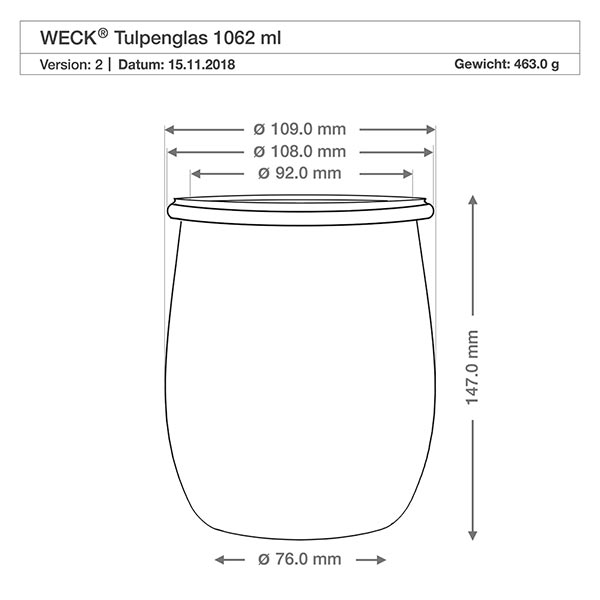 1062ml słoik tulipan WECK RR100 z drewnianą kulką buk Rysunek techniczny WECK tulipan słoik 1062ml RR100 z wymiarami średnica wysokość do planowania kuchni