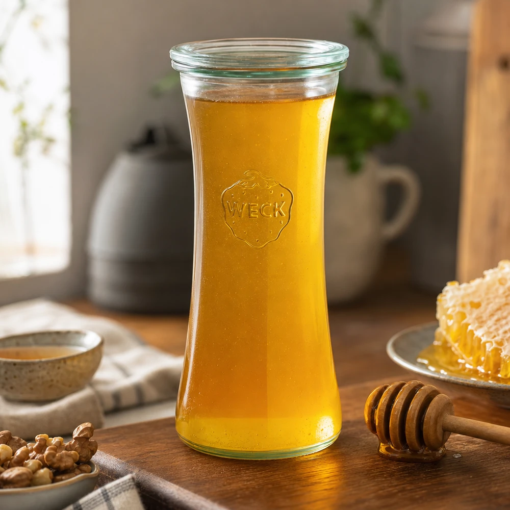 Słoik delikatesowy 700ml ze szklaną pokrywką WECK RR80 WECK Delikatessenglas 700ml RR80 mit Honig gefüllt neben Honigwabe und Honiglöffel in gemütlicher Küche