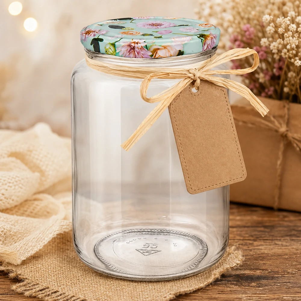 795ml Rundglas + BasicSeal Deckel Blume mint UNiTWIST Okrągły słoik o pojemności 795 ml ze wstążką prezentową i przywieszką jako prezent, pokrywka z kwiatem mięty do kreatywnych pomysłów na prezent DIY