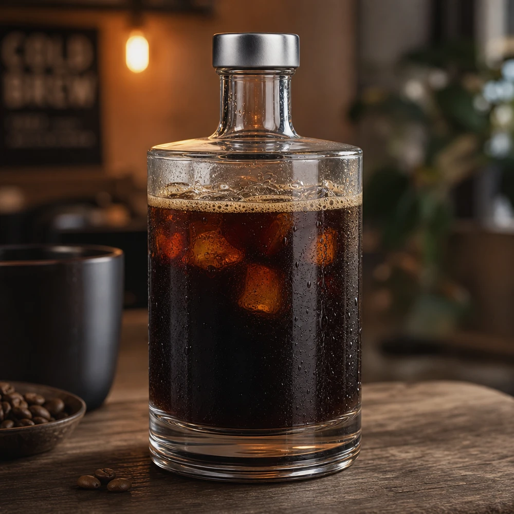 500ml szklana butelka Sam wypełniona kawą parzoną na zimno na drewnianym stole obok ziaren kawy przytulna atmosfera kawiarni