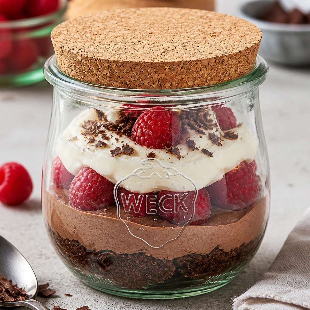 Słoik WECK 370ml RR80 z korkową pokrywką jako słoik deserowy do warstwowego deseru z kremem czekoladowym i malinami