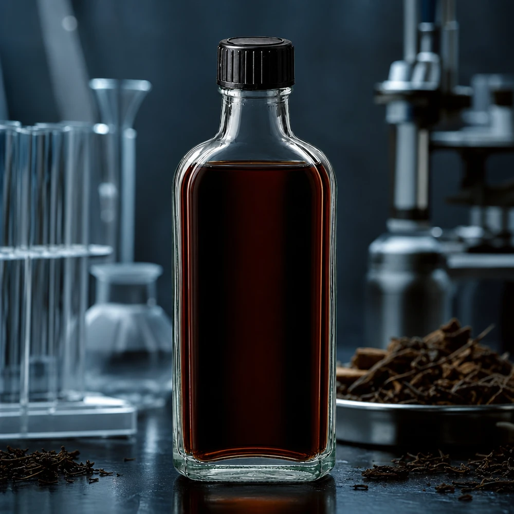 Prostokątna szklana butelka Meplat o pojemności 100 ml z uszczelką LKD i ciemnym ekstraktem roślinnym w laboratorium