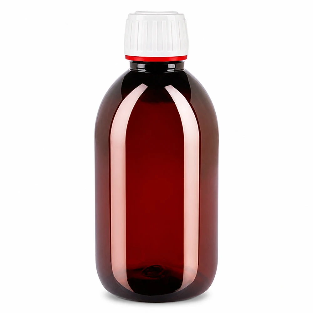 Butelka PET o pojemności 250 ml, w kolorze bursztynowym, z biało-czerwonym zamknięciem zabezpieczającym, przeznaczona dla branży farmaceutycznej i laboratoryjnej