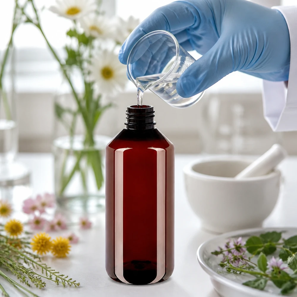 Handschuhe befüllen braune 1L PET Rundflasche mit Schraubverschluss und Messbecher