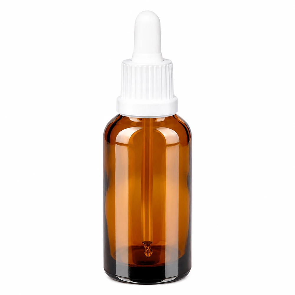 Butelka z pipetą o pojemności 30 ml wykonana z brązowego szkła z białą nakrętką z zakraplaczem do olejków eterycznych