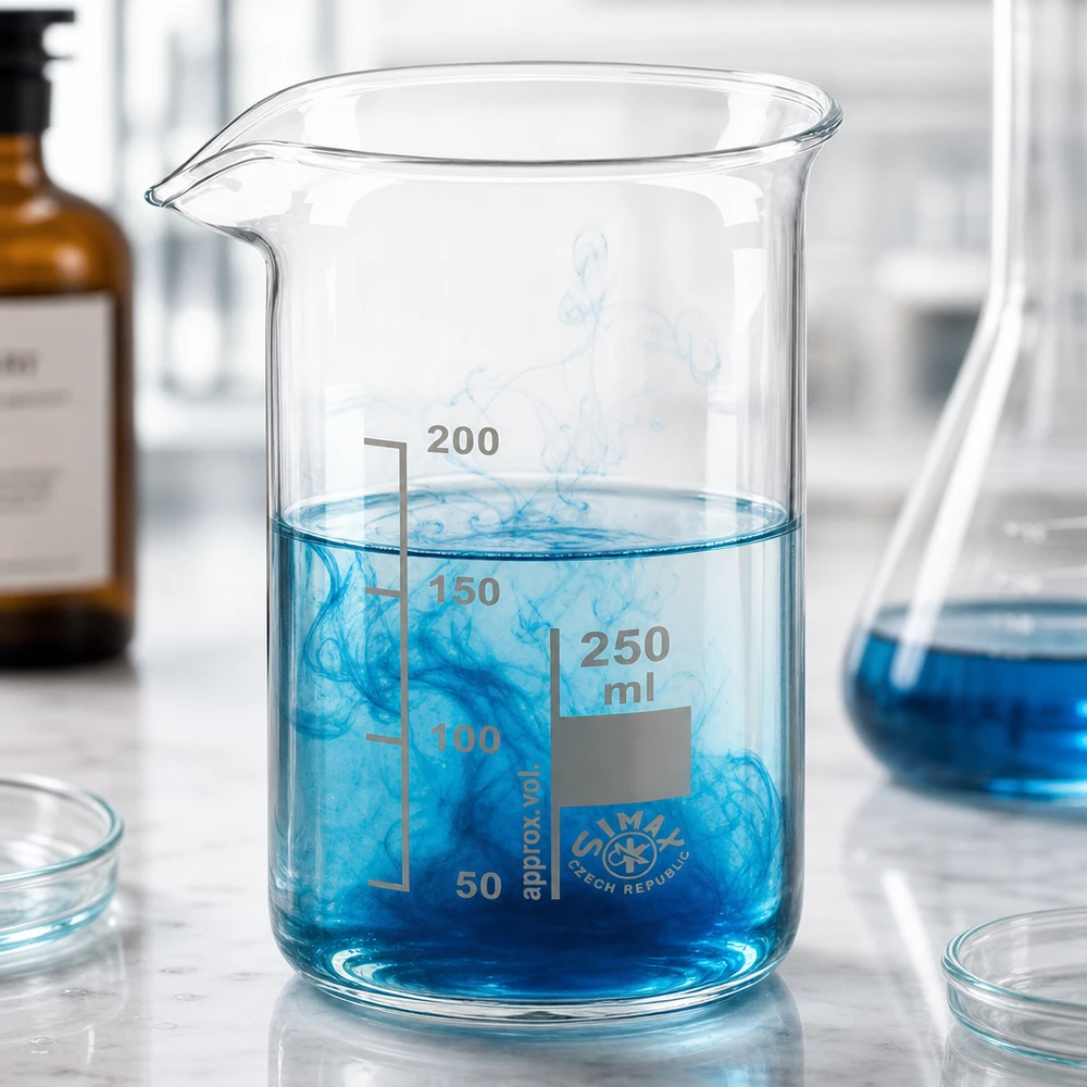 Zlewka 250 ml ze szkła borokrzemowego, wysoka Szklanka o pojemności 250 ml, wysoka, z niebieskim płynem i chmurami barwnika w otoczeniu laboratoryjnym