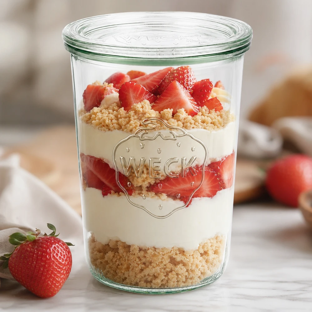 Słoik o pojemności 850 ml z szklaną pokrywką WECK RR100 WECK Sturzglas 850ml RR100 als stylisches Dessertglas mit Erdbeeren und Creme zeigt moderne Tischpräsentation