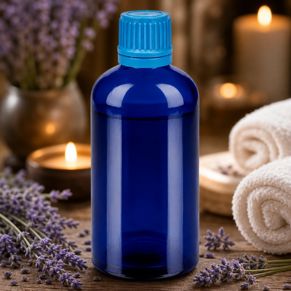 Wysokiej jakości niebieska szklana butelka o pojemności 100 ml z zakrętką o średnicy 11 mm do aromaterapii