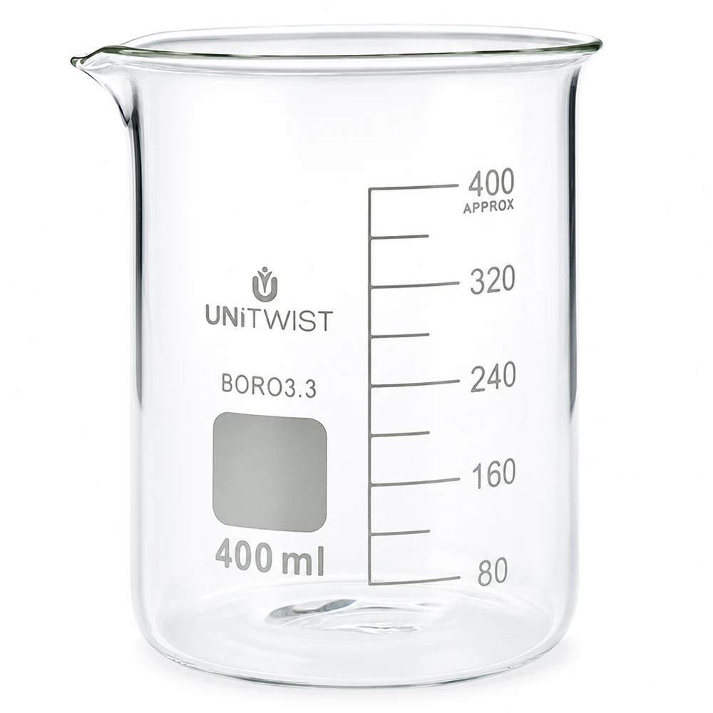 Zlewka 400ml borokrzemianowa, niski kształt UNiTWIST Szklana zlewka o pojemności 400 ml, wykonana ze szkła borokrzemowego, o niskim kształcie, marki UNiTWIST, z podziałką mililitrową