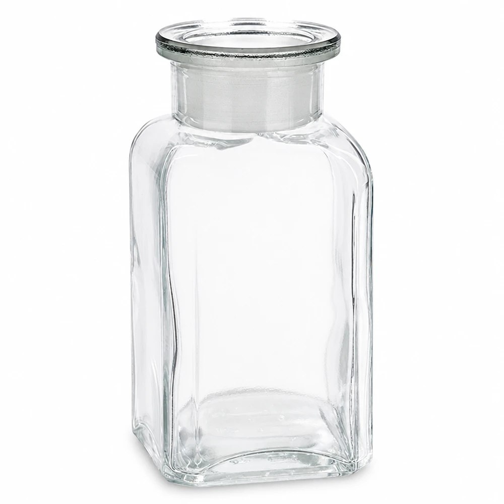 Kwadratowa butelka 100 ml z przezroczystą zatyczką z szeroką szyjką Butelka kwadratowa 100 ml, przezroczysta, z szklanym korkiem, o szerokiej szyjce, przeznaczona do laboratoriów i aptek