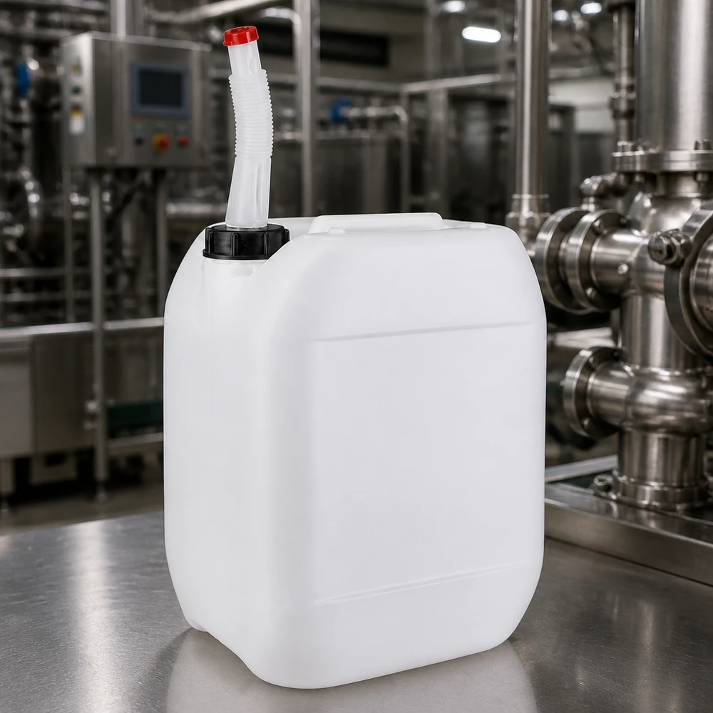 Kanister z HDPE o pojemności 10 litrów, przeznaczony do kontaktu z żywnością, z elastyczną rurką wylotową zapewniającą bezpieczne dozowanie płynów