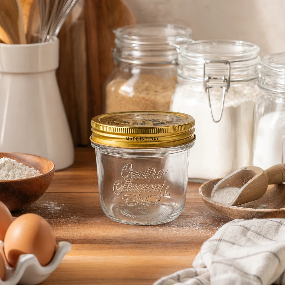 Słoik 200 ml „Quattro Stagioni” z pokrywką 200 ml kubki Quattro Stagioni ze złotą pokrywką na drewnianej desce obok mąki, jajek i przyborów kuchennych Made in Italy