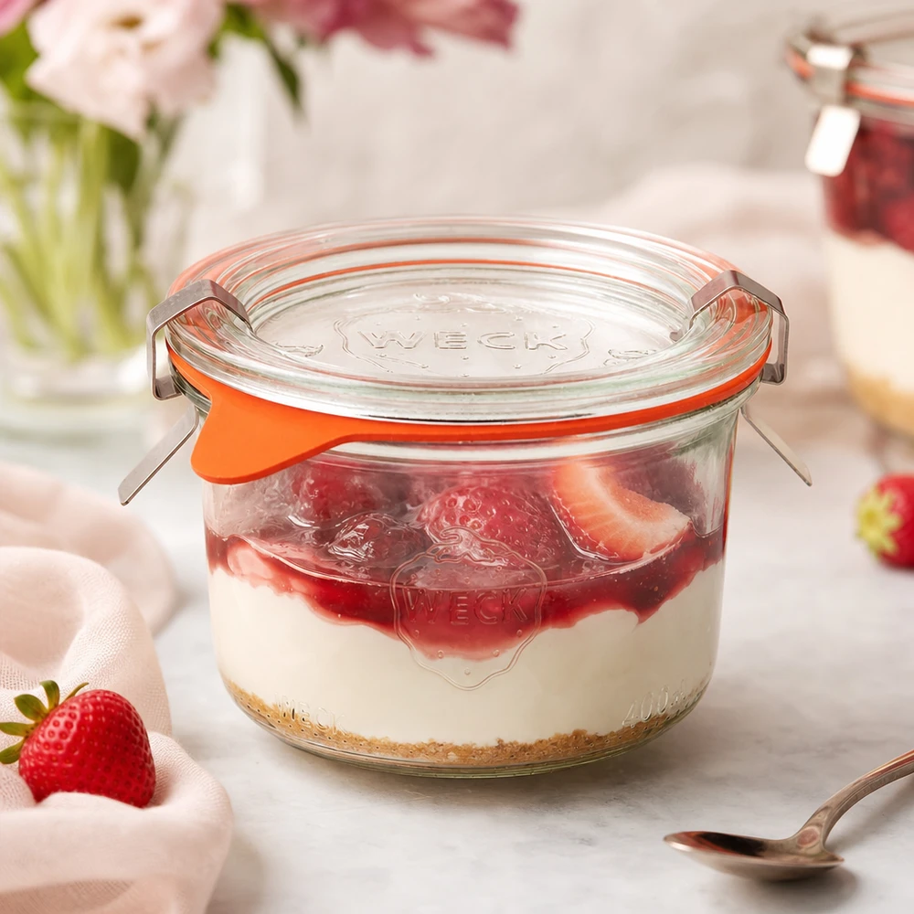 Kubki WECK 200ml RR80 wypełnione truskawkowym deserem jako słoik na porcje tiramisu i słodkich deserów