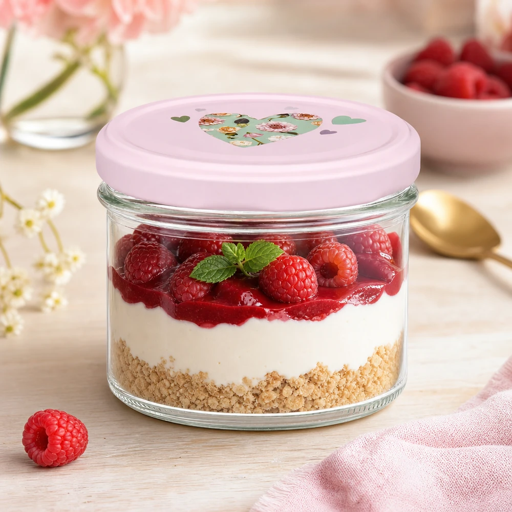 Deser warstwowy z malinami w szklankach o pojemności 225 ml z różową pokrywką w kształcie serca BasicSeal jako szklanka deserowa na drewnianej desce.