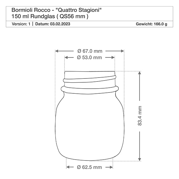 Słoik okrągły 150 ml „Quattro Stagioni” z pokrywką Szklanka okrągła 150ml Quattro Stagioni Bormioli Rocco rysunek techniczny z wymiarami i wagą 166g