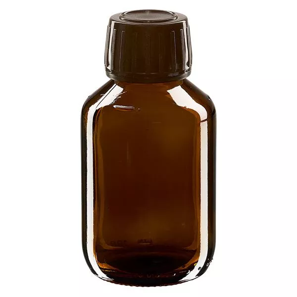 Butelka na lek 100 ml brązowa, zakrętka brązowa z pierścieniem ApoGlas. Farmaceutyczna jakość produkcji UE. Gwint 28 mm (PP28). (syrop, butelka z lekkiego szkła) Butelka na lek 100 ml brązowa, zakrętka brązowa z pierścieniem ApoGlas. Farmaceutyczna jakość produkcji UE. Gwint 28 mm (PP28). (syrop, butelka z lekkiego szkła)