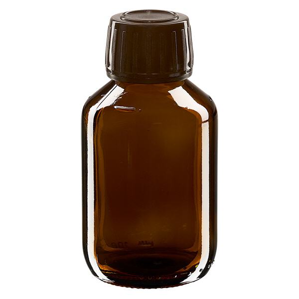 Butelka na lek 100 ml brązowa, zakrętka brązowa z pierścieniem ApoGlas. Farmaceutyczna jakość produkcji UE. Gwint 28 mm (PP28). (syrop, butelka z lekkiego szkła) Butelka na lek 100 ml brązowa, zakrętka brązowa z pierścieniem ApoGlas. Farmaceutyczna jakość produkcji UE. Gwint 28 mm (PP28). (syrop, butelka z lekkiego szkła)