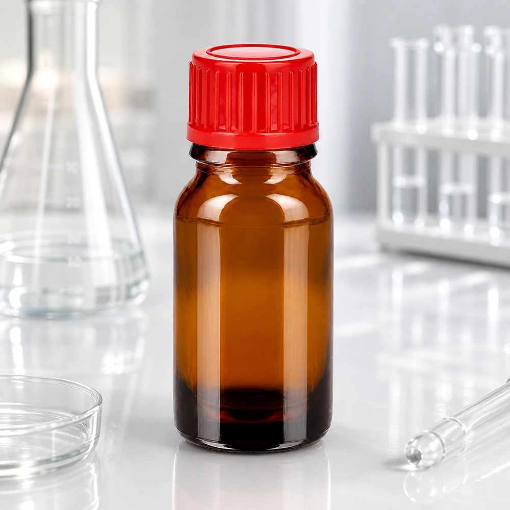 Butelka laboratoryjna BrownLine 10 ml z ciemnego szkła z czerwoną zakrętką do substancji chemicznych