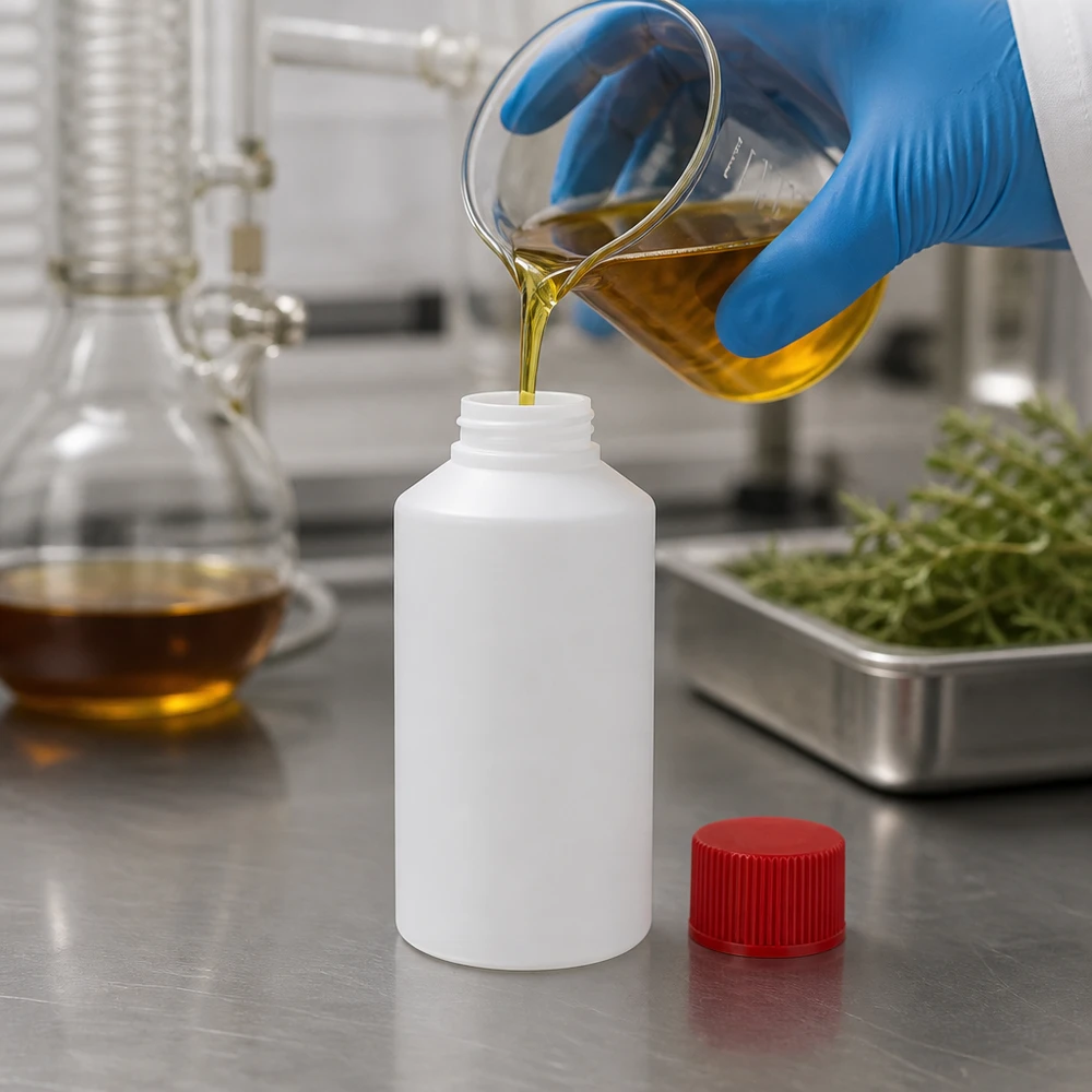 Biały pojemnik z tworzywa HDPE o pojemności 50 ml z czerwonym zamknięciem zabezpieczającym do zastosowań laboratoryjnych