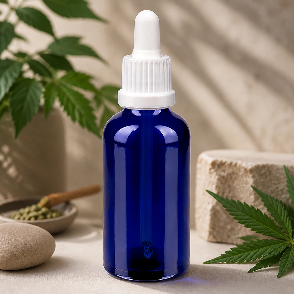 Butelka do leków płynnych 50 ml biała OV BlueLine UT18/50 50 ml butelka z pipetą OV BlueLine UT18/50 idealna do olejków CBD i kosmetyków naturalnych