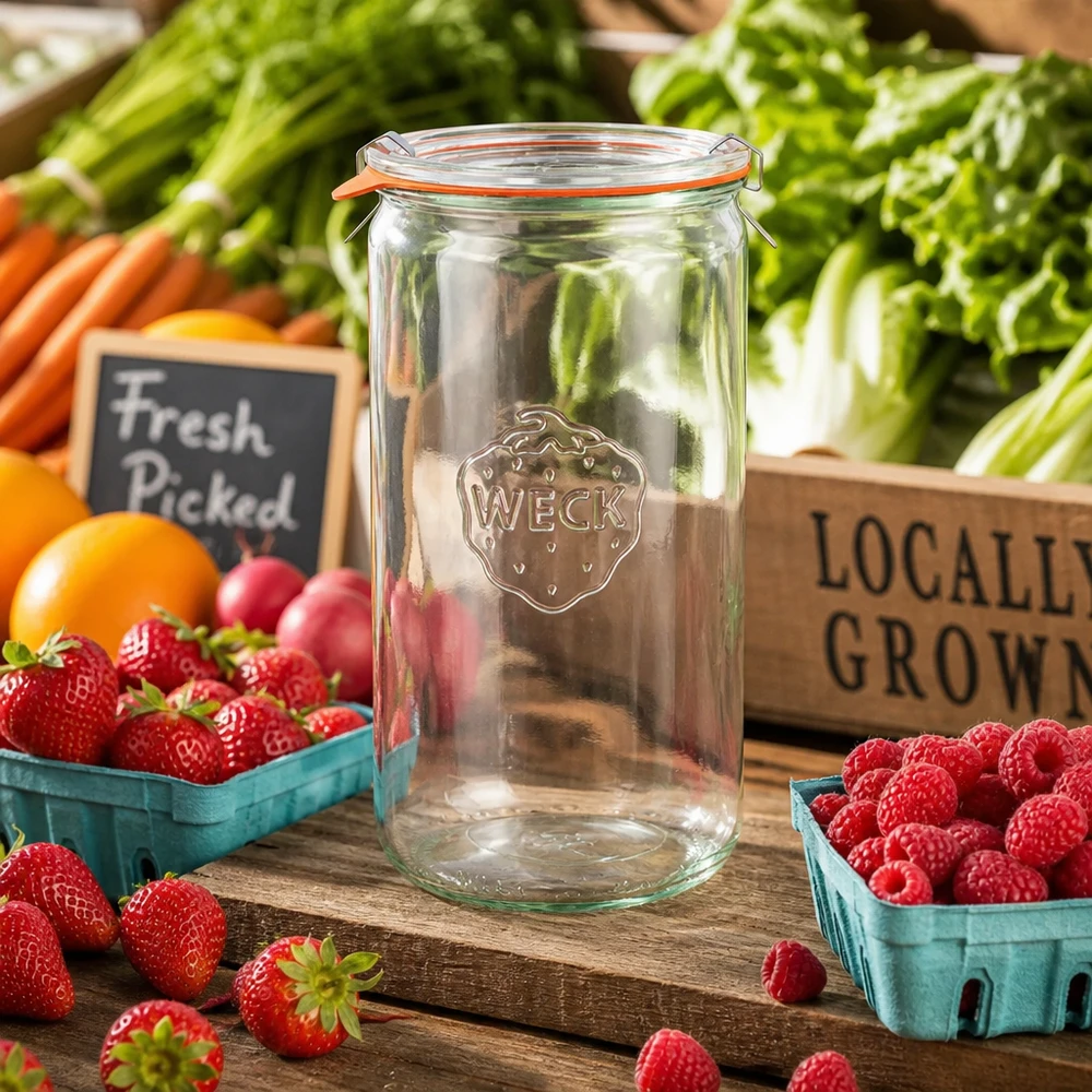 WECK słoik 1590ml RR100 pusty na drewnianym stole ze świeżymi jagodami warzywami atmosfera straganu lokalne produkty