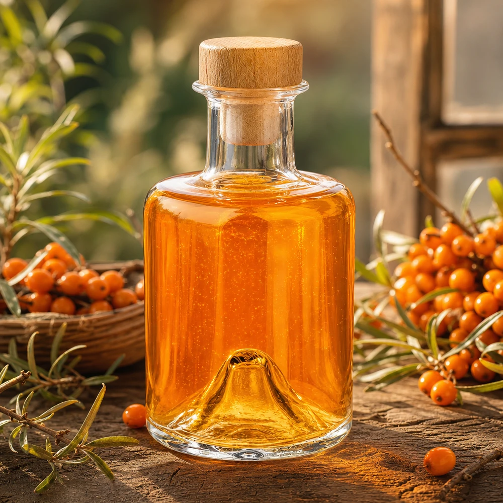 200 ml szklana butelka Sofia z drewnianym korkiem wypełniona pomarańczowym olejem obok jagód rokitnika na drewnianym stole