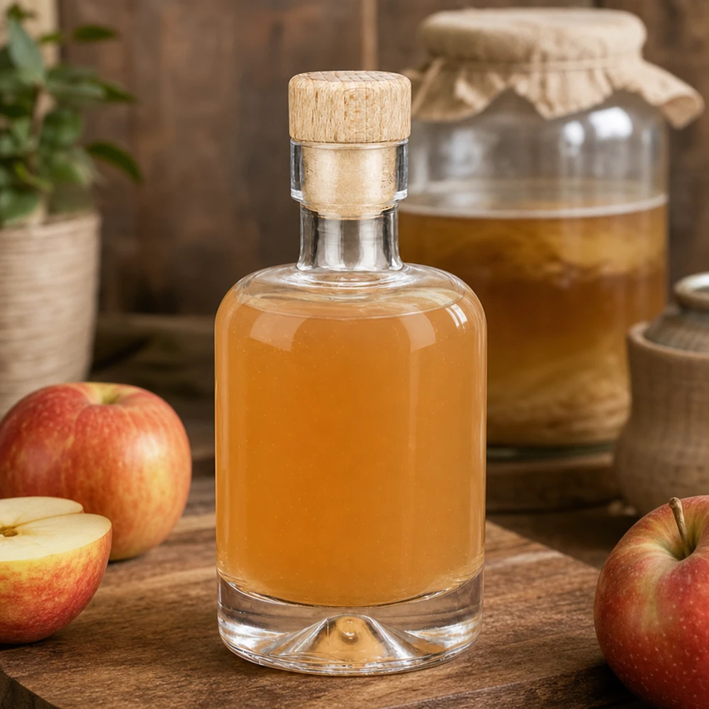 50ml szklana butelka Amelie wypełniona brandy jabłkową pomiędzy świeżymi jabłkami i słoikiem miodu rustykalnie udekorowanym na drewnianym stole