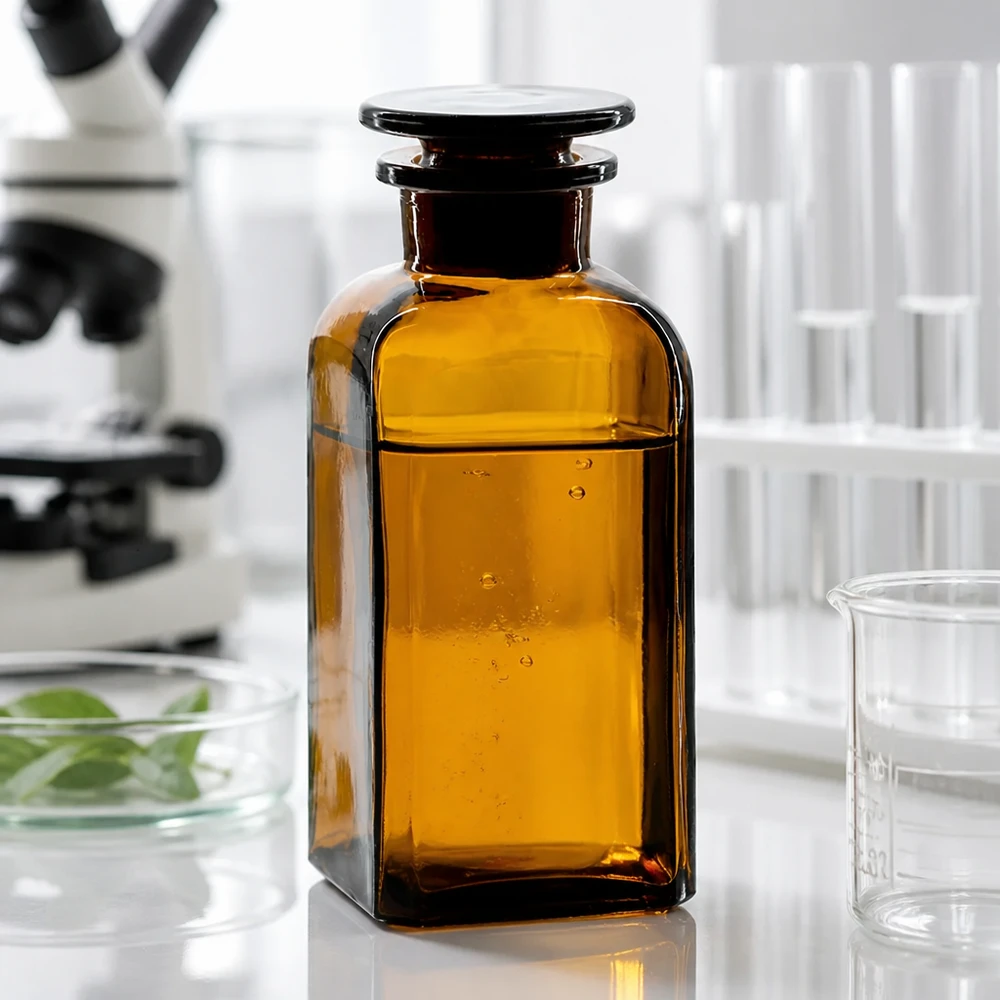 Brązowa butelka laboratoryjna o pojemności 350 ml, kwadratowa, z szklanym korkiem, obok mikroskopu i probówek