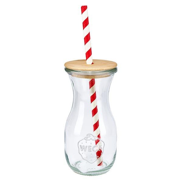 6 x butelka na sok WECK 290 ml RR60 z drewnianą pokrywką i 100 ekologicznymi Butelka do picia WECK 290ml przezroczysta z drewnianą pokrywką i słomką papierową w czerwono-białe paski widok pojedynczy