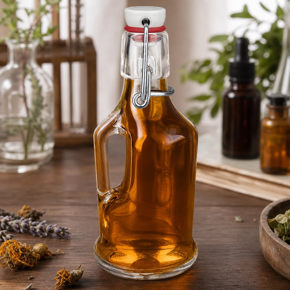 Szklana butelka Bertha 200ml bursztynowa z ziołami i suszonymi kwiatami Kosmetyki naturalne Ambience UNiTW korek obrotowy