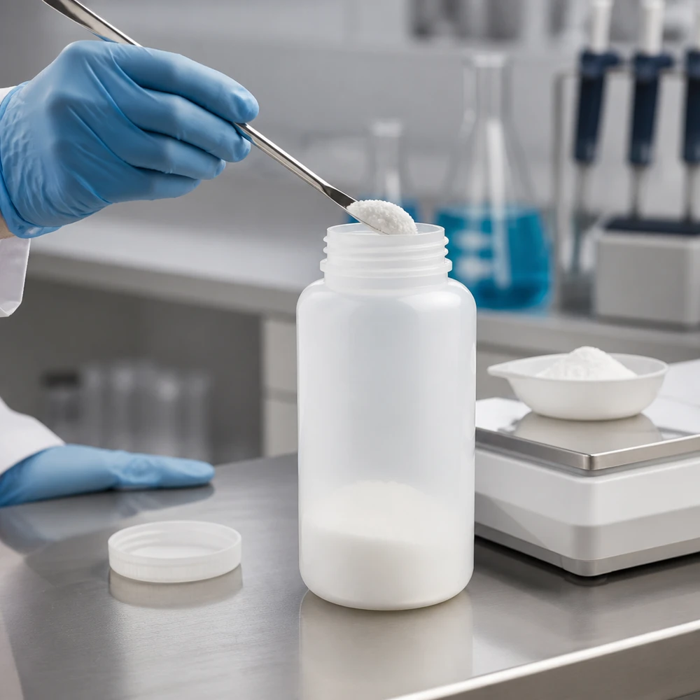Butelka laboratoryjna o pojemności 1000 ml z szeroką szyjką, bez zamknięcia, podczas napełniania białym proszkiem przez technika laboratoryjnego