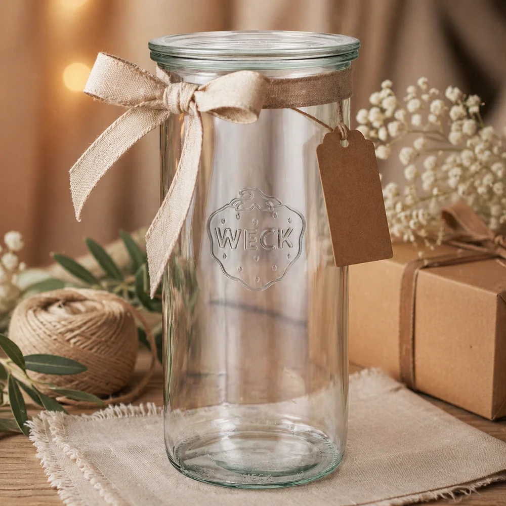Kubki o pojemności 1500 ml ze szklaną pokrywką WECK RR100 Kubki WECK 1500ml RR100 na prezent ozdobione beżową wstążką i przywieszką na drewnie z pudełkiem upominkowym