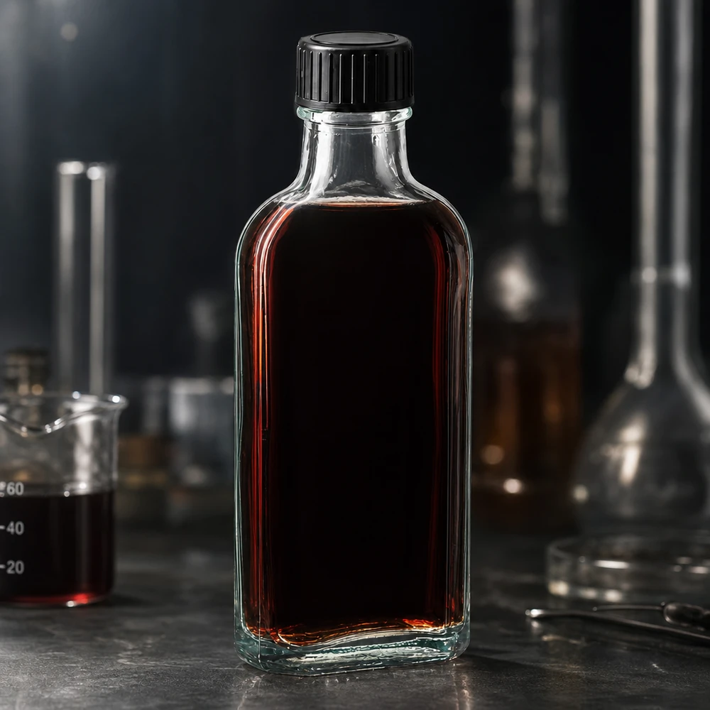 Wypełniona szklana butelka Meplat o pojemności 100 ml z ciemnoczerwoną zawartością i czarną zakrętką w laboratorium