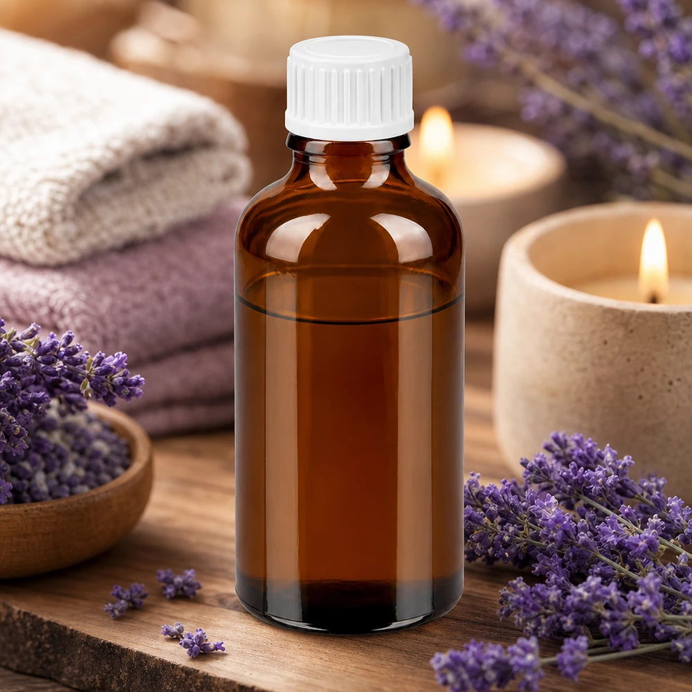 Mała butelka z zakraplaczem o pojemności 50 ml wykonana z wysokiej jakości bursztynowego szkła z białą zakrętką do aromaterapii