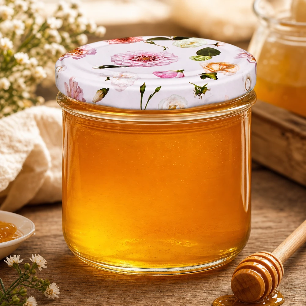 Słoik 225 ml + pokrywka BasicSeal kwiat różowy UN.. Honig im 225ml Sturzglas mit Blumendeckel und Honiglöffel - Einmachglas für süße Leckereien dekorativ präsentiert