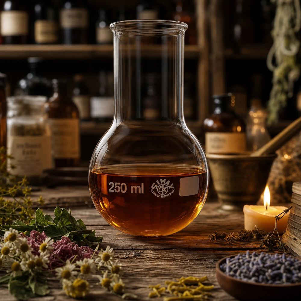 Kolba okrągłodenna z szeroką szyjką 250 ml Kolba okrągłodenna o pojemności 250 ml z szeroką szyjką i przezroczystym szkłem zapewniającym optymalną widoczność podczas reakcji